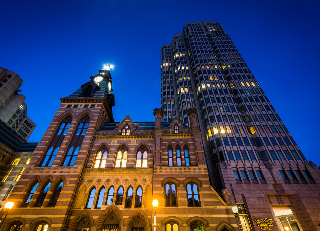 City Hall and the Connecticut Financial Center at night, in down, Connecticut