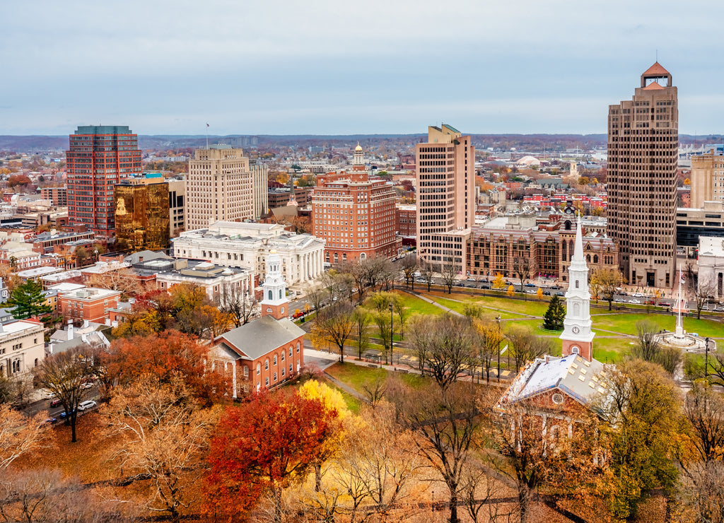 Aerial Downtown New Haven during the fall, Connecticut