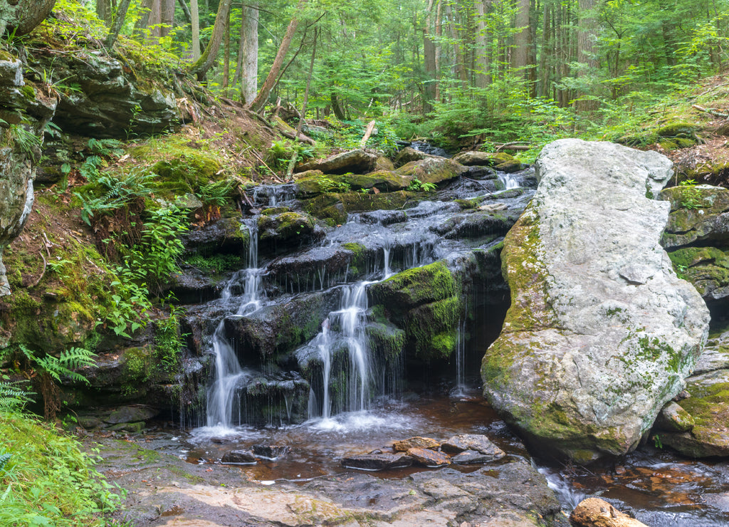 Day Pond Brook Falls and a boulder, Connecticut