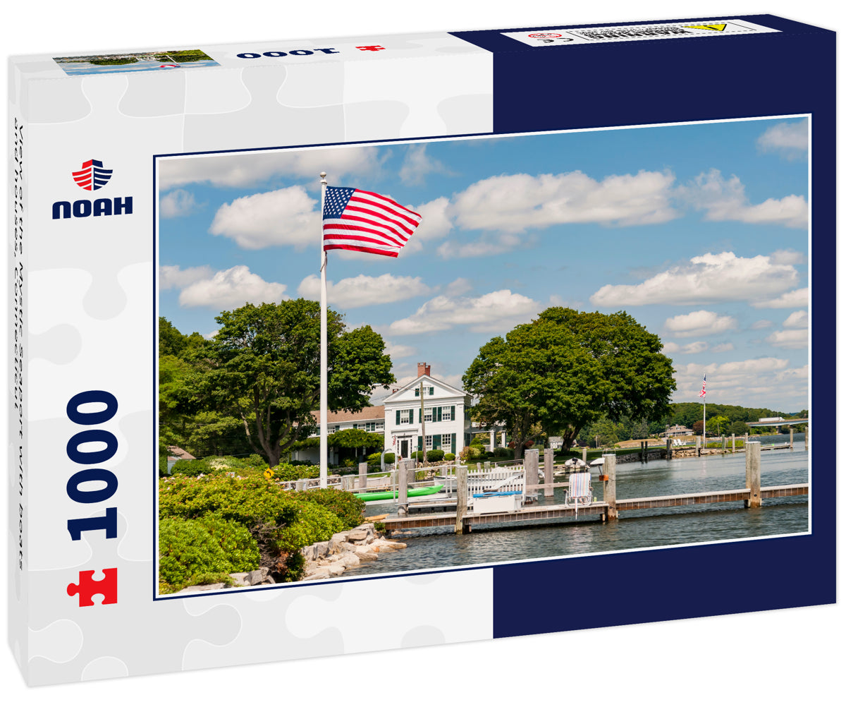 View of the Mystic Seaport with boats and houses, Connecticut