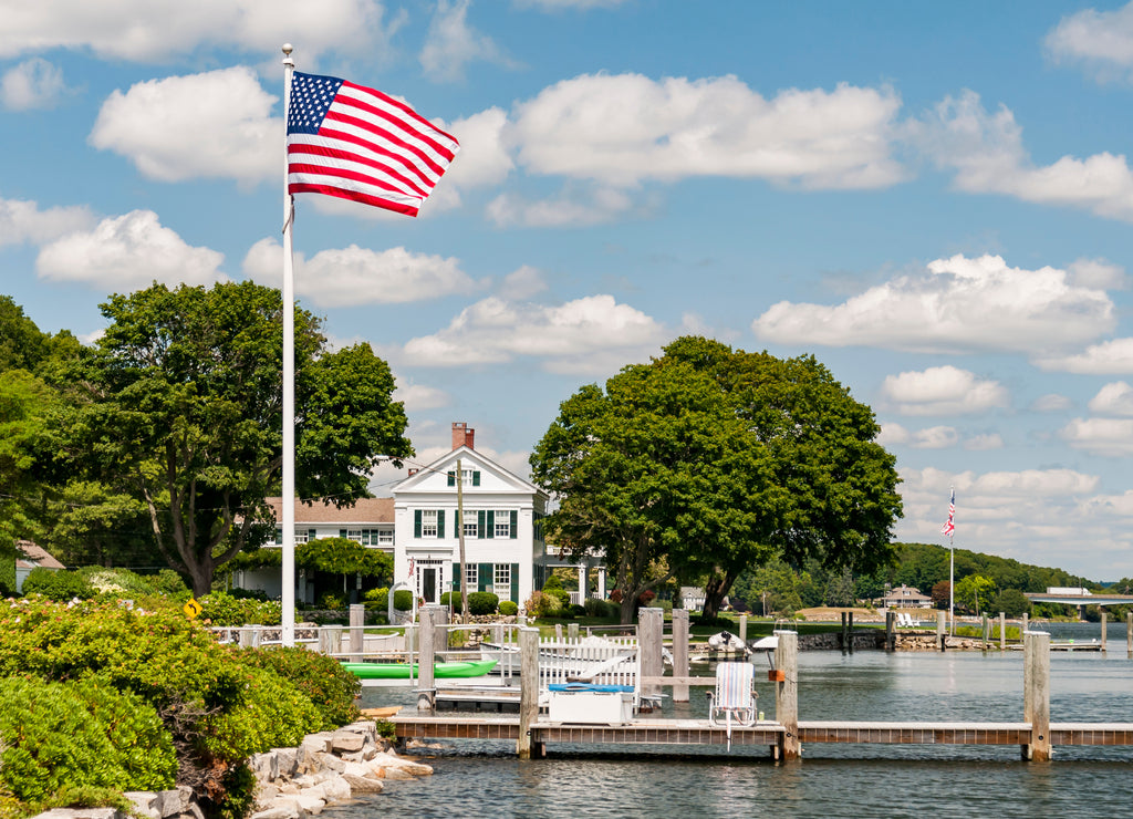View of the Mystic Seaport with boats and houses, Connecticut