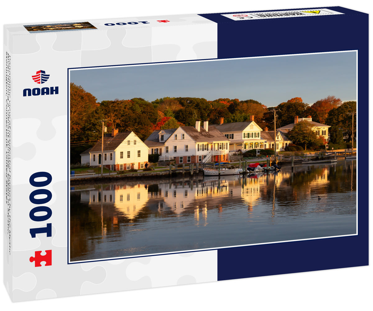 Panoramic view of residential homes by the Mystic River during a vibrant sunrise. Taken in Mystic, Stonington, Connecticut, United States