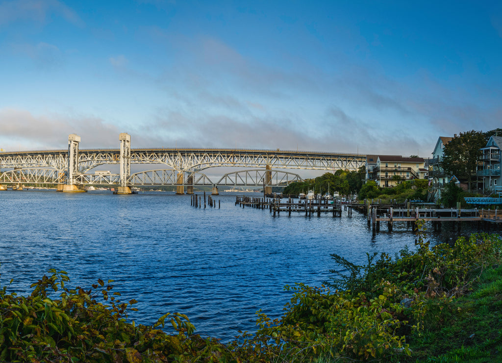 Gold Star Memorial Bridge in New London, Connecticut, the arching landmark suspending bridge over the Thames River