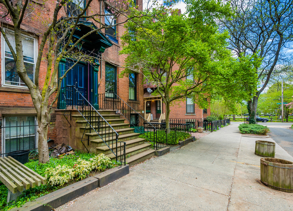 Houses along Court Street near Wooster Square, in New Haven, Connecticut