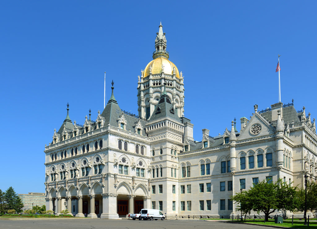 Connecticut State Capitol, Hartford, Connecticut, USA. This building was designed by Richard Upjohn with Victorian Gothic Revival style in 1872