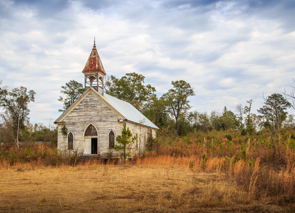 Abandoned Presbyterian Church in the Black Belt of Alabama Historic Presbyterian Church in Sumter County, Coatopa, Alabama. Erected in the late 1800s