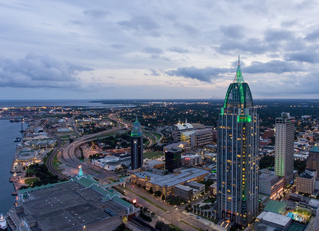 Aerial view of downtown Mobile, Alabama riverside at sunset