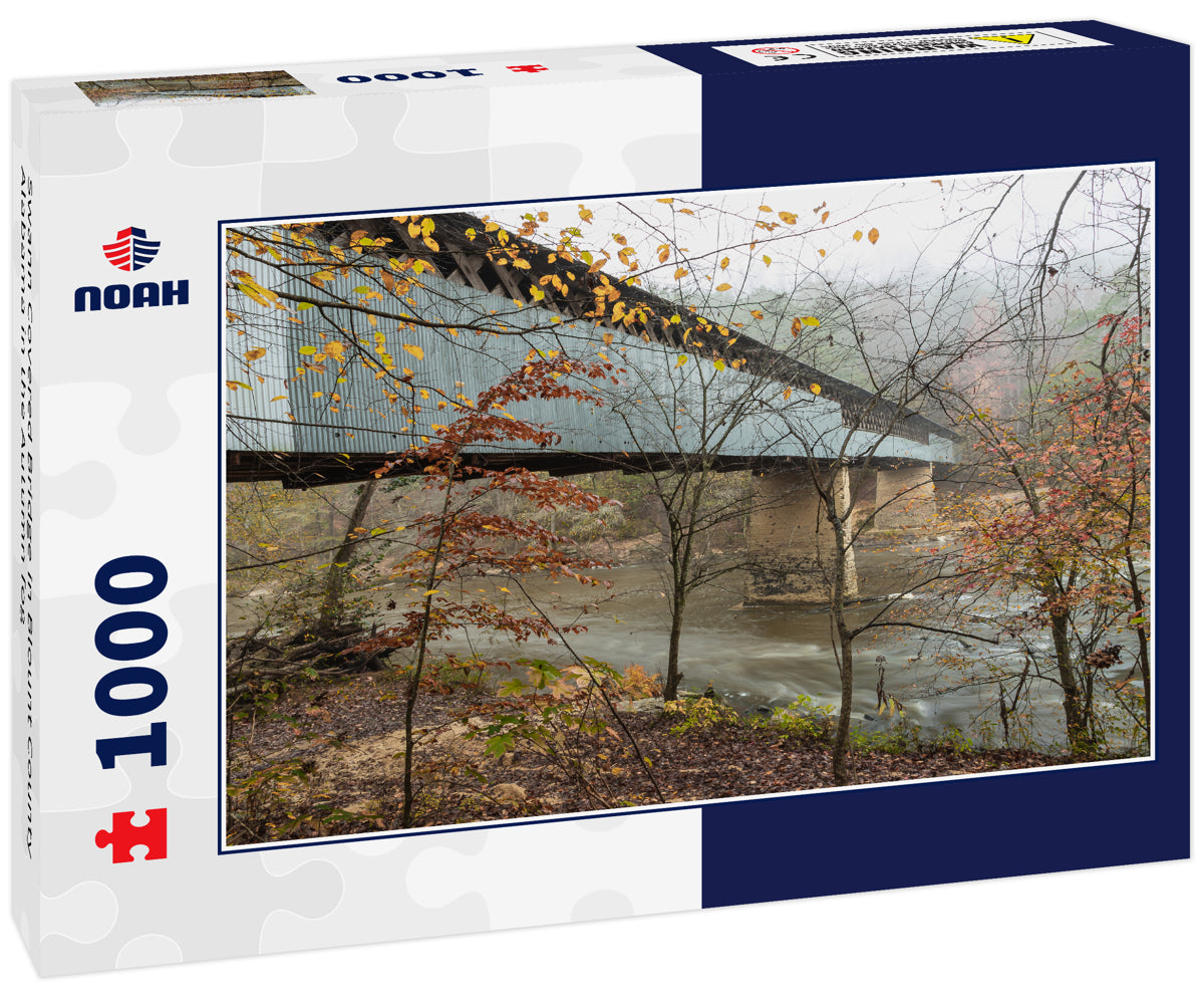 Swann Covered Bridge in Blount County Alabama in the Autumn fog