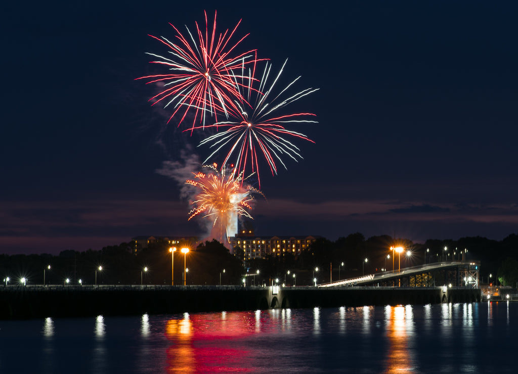 Two Large Firework Bursts over Wilson Dam in Florence Alabama