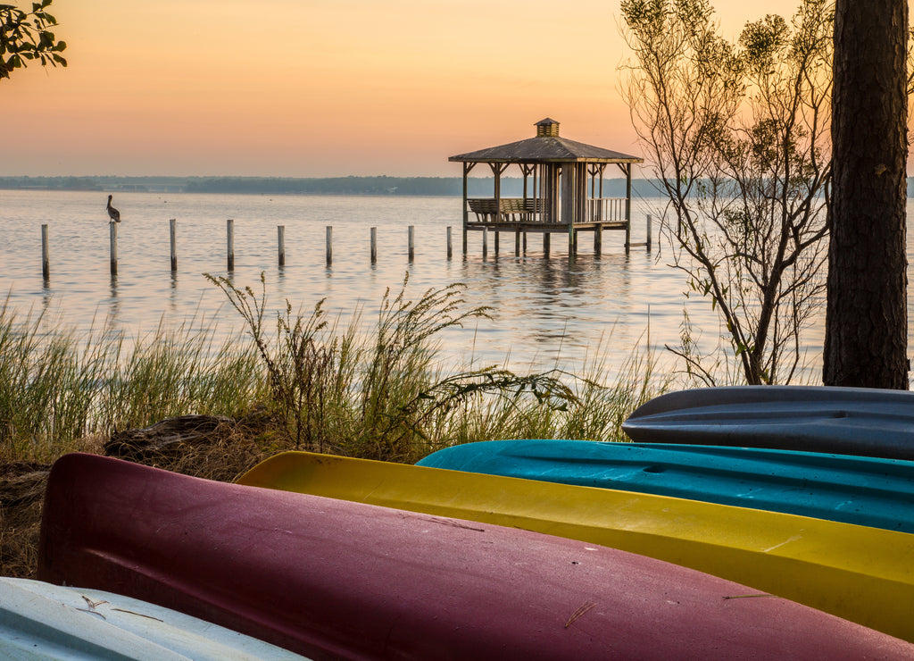 A lone brown pelicanon a post at sunset with colorful canoes on the shore of Mobile Bay, at Fairhope Alabama