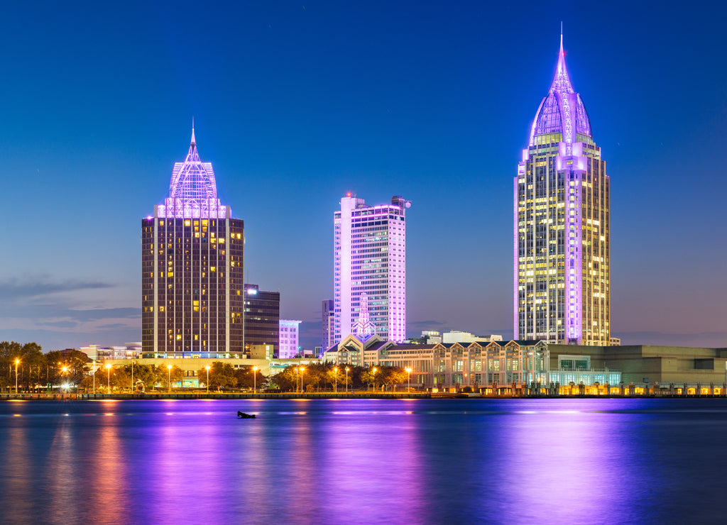 Mobile, Alabama, USA downtown city skyline on the Mobile River