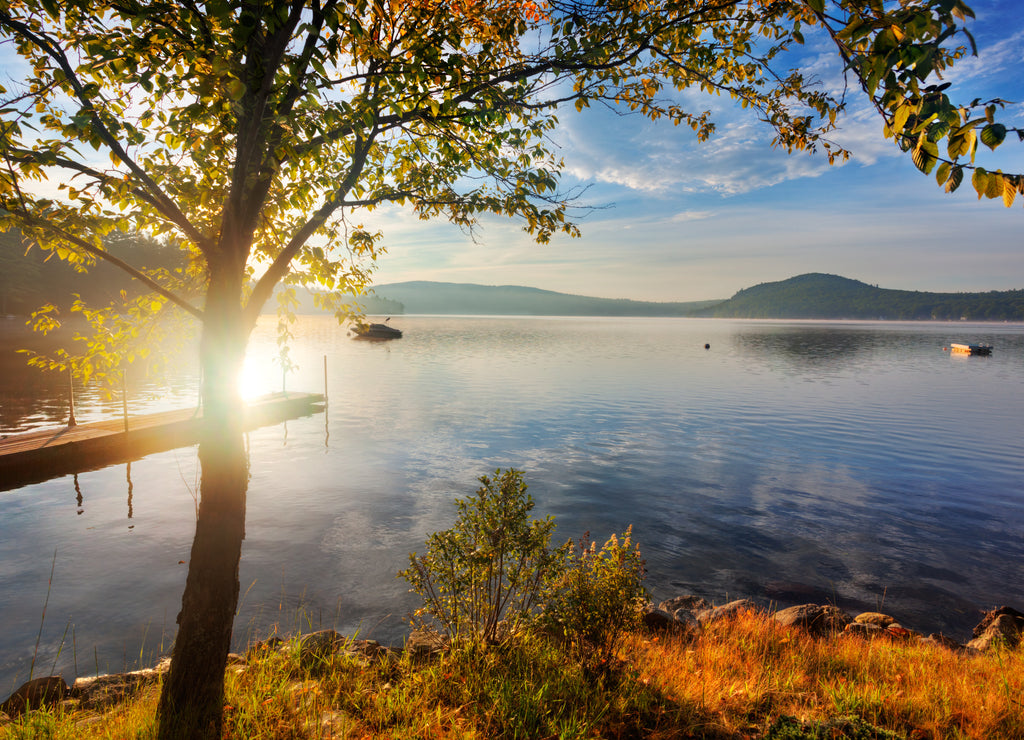 Early morning sun over shore of calm Merrymeeting Lake, New Hampshire