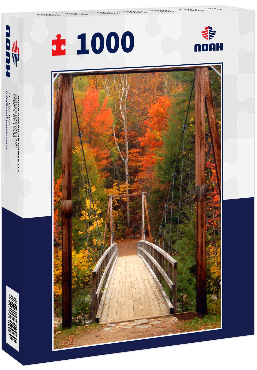 A wooden pedestrian footbridge leads to autumn colors in the White Mountains of New Hampshire