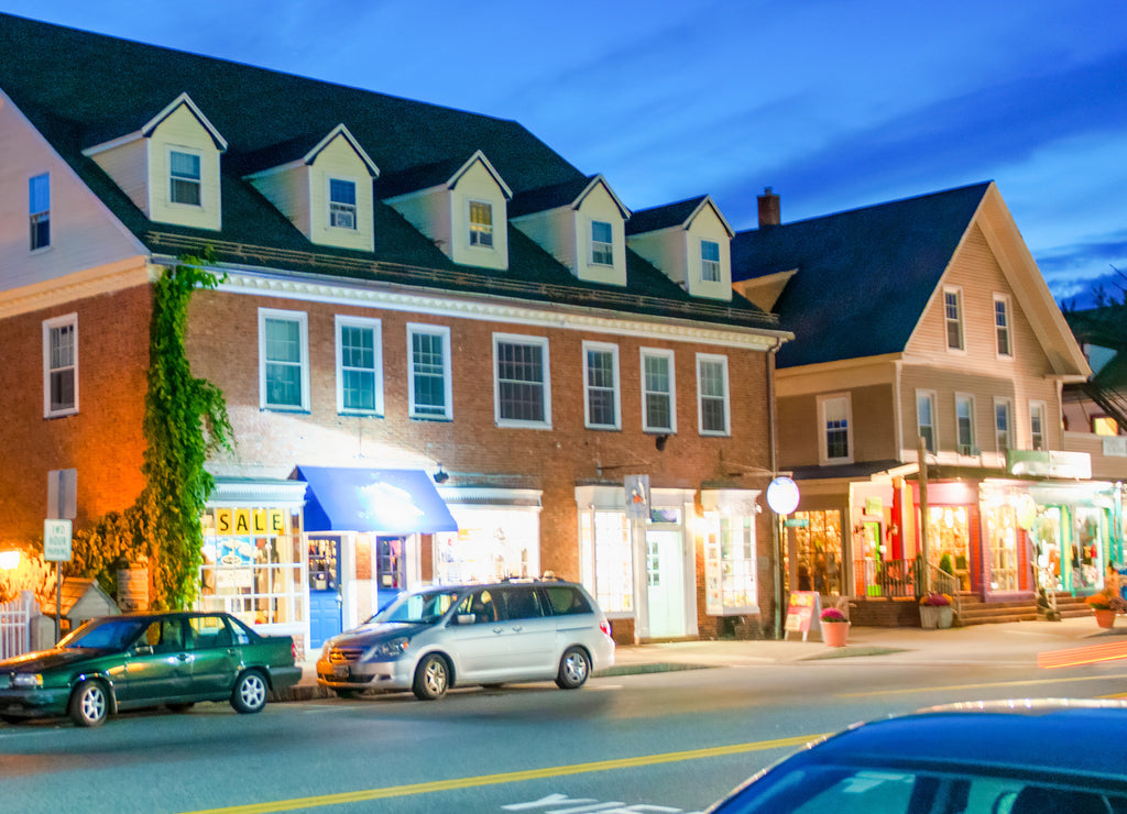 Conway, New Hampshire. City streets at night in october