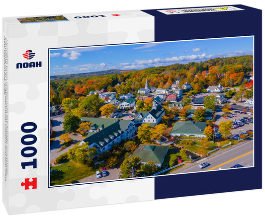 Meredith town center with fall foliage aerial view including First Congregational Church and Mill Falls, New Hampshire, USA