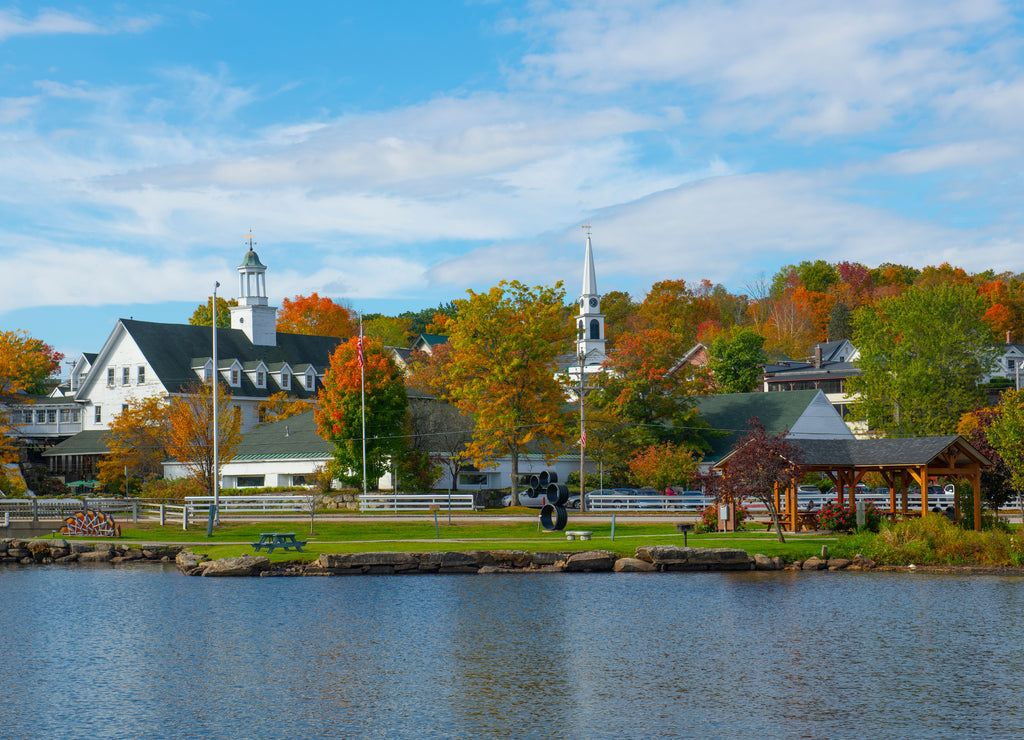 Meredith historic town center and Mill Falls Marketplace by the Lake Winnipesaukee in fall in town center of Meredith, New Hampshire, USA