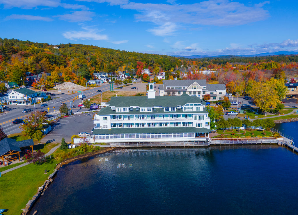 Bay point at Mill Falls with fall foliage aerial view with Meredith Bay in Lake Winnipesaukee in town of Meredith, New Hampshire, USA