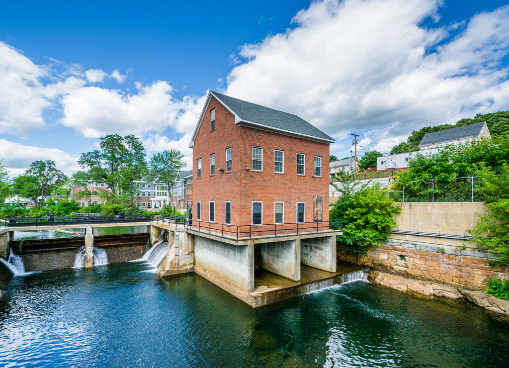 Historic buildings along the Winnipesaukee River, in Laconia, New Hampshire