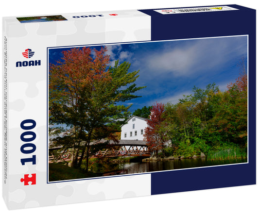 Sunapee harbor covered bridge and typical New England house and tree, New Hampshire