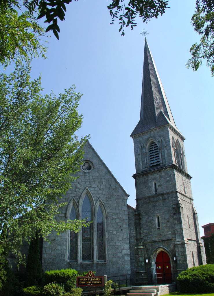 Gray stone episcopal church, steeple, downtown Keene, New Hampshire