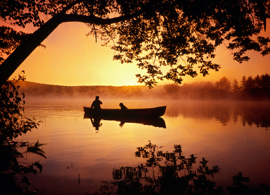 Laurie Brownell canoeing on Elbow Pond, Andover, New Hampshire USA