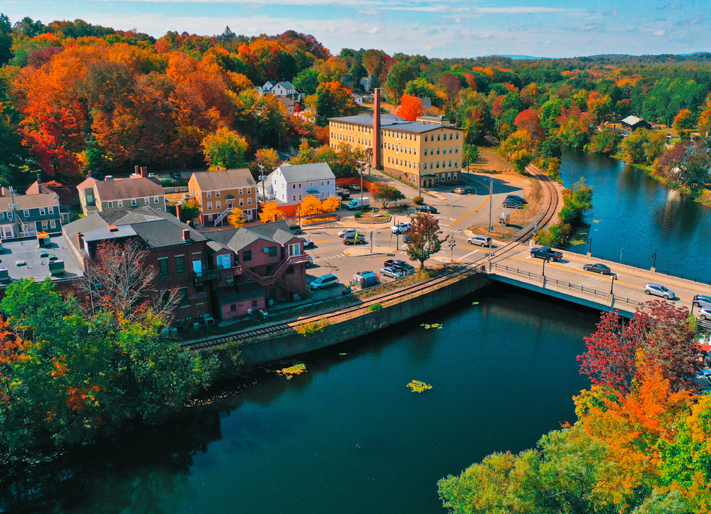 Aerial Drone Photography Of Downtown Somersworth, New Hampshire (New Hampshire) During The Fall Foliage Season