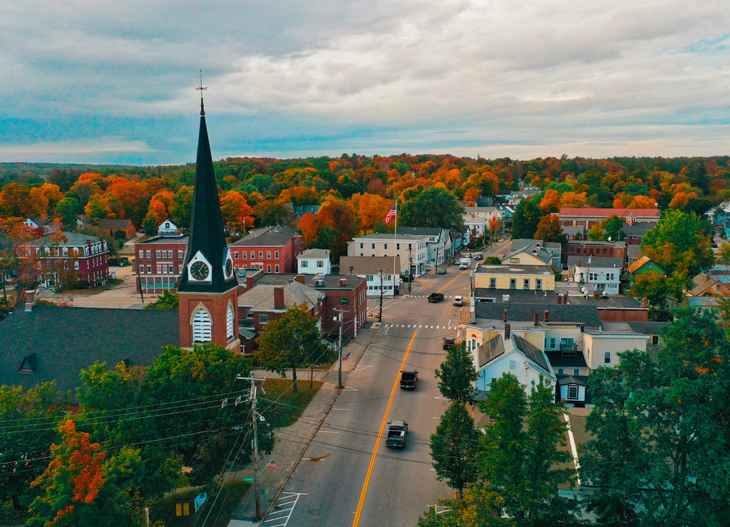 Aerial Drone Photography Of Downtown Farmington, New Hampshire (New Hampshire) During The Fall Foliage Season