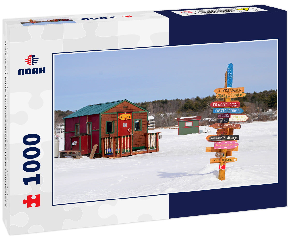 Signs point the way to a multitude of ice fishing shacks on Lake Winnipesaukee, New Hampshire