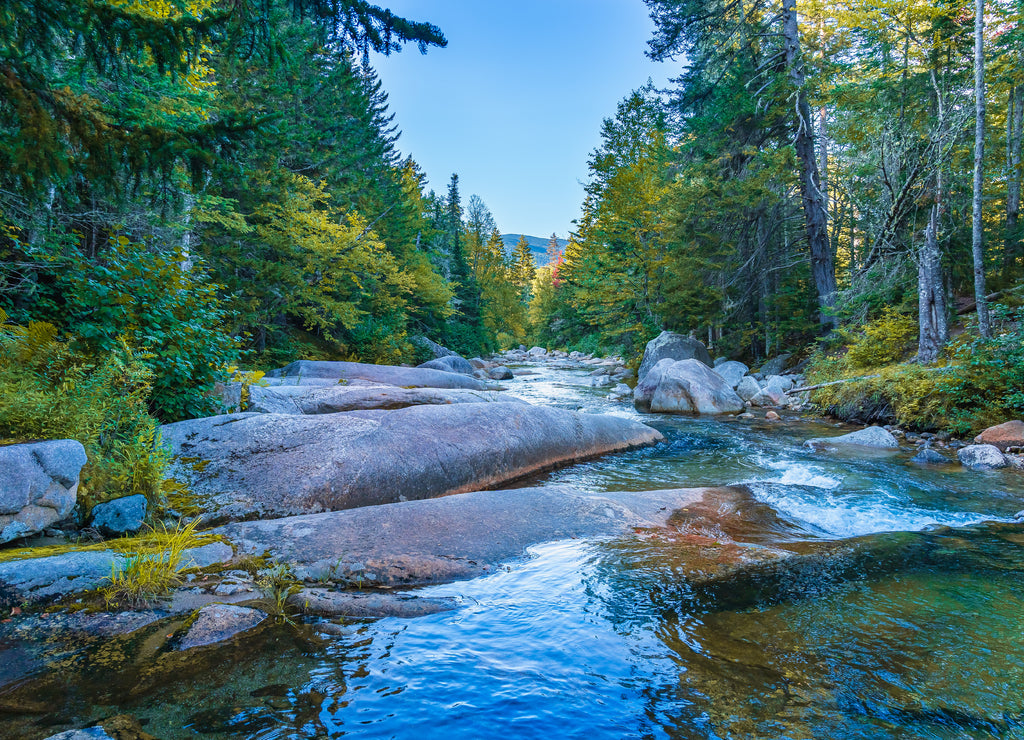 Huge smooth boulders honed by ancient glaciers and flows of the Ammonoosuk mountain river near a waterfall in the foothills of Mount Washington in the White Mountain National Forest, New Hampshire