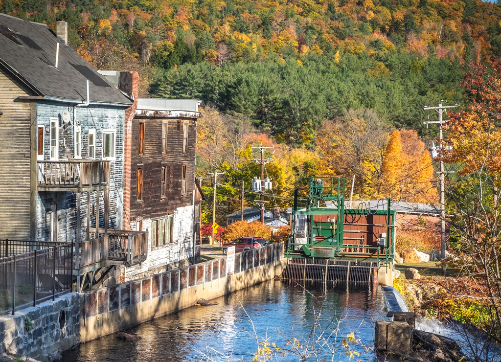 The Newfound River running through downtown Bristol, New Hampshire on a beautiful fall afternoon