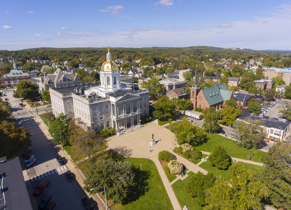 New Hampshire State House aerial view, Concord, New Hampshire NH, USA. New Hampshire State House is the nations oldest state house, built in 1816 - 1819
