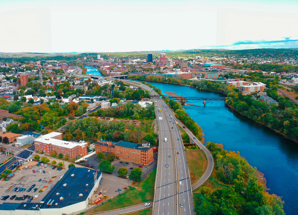 Aerial Drone Photography Of Downtown Bedford, New Hampshire during The Fall Foliage Season