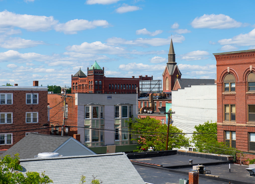 Historic buildings on Main Street in Nashua, New Hampshire, NH, USA