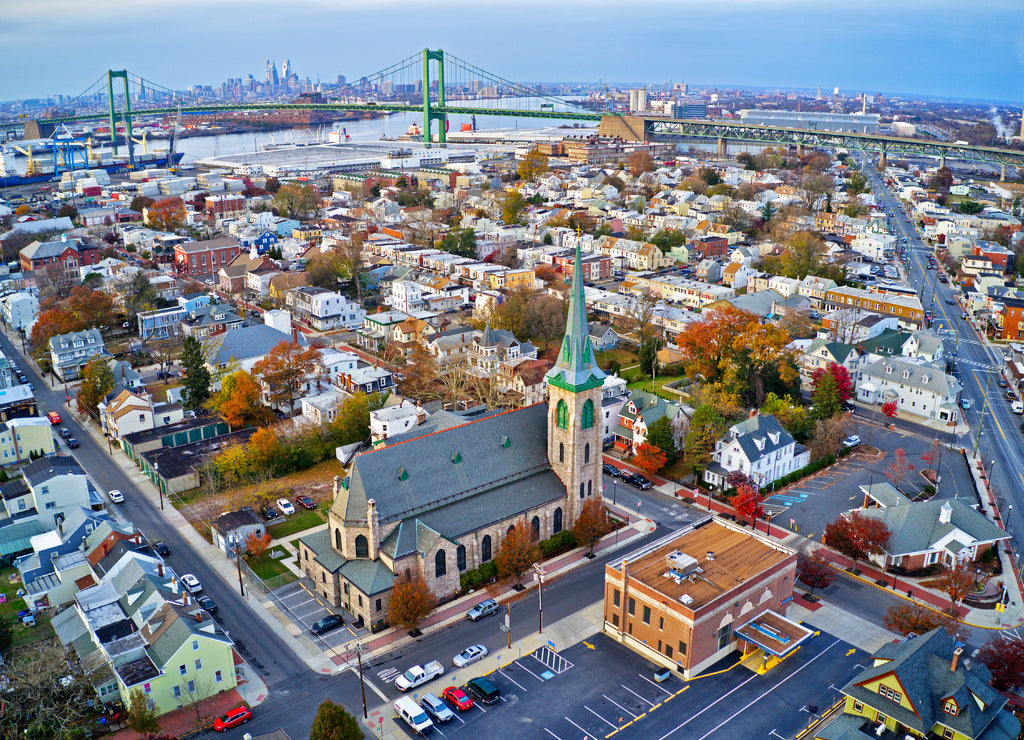 Aerial View of Delaware Riverfront Town Gloucester New Jersey