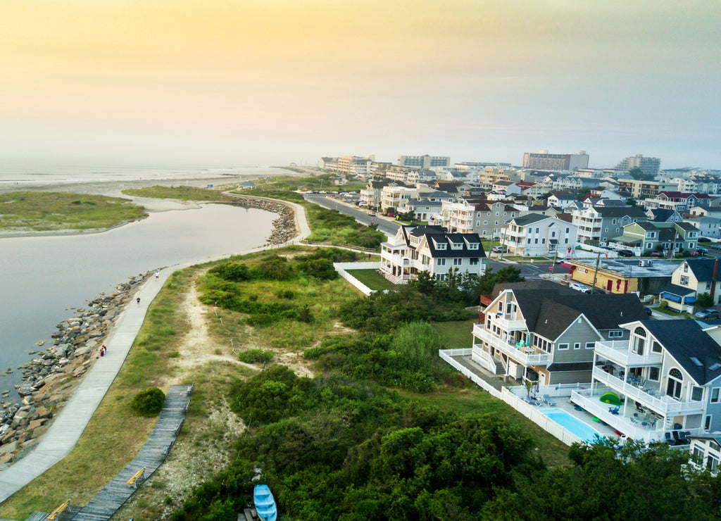 Aerial view of the sunset over North Wildwood sea wall, New Jersey