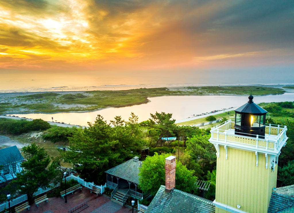 Sunset in Wildwood, New Jersey and lighthouse aerial view
