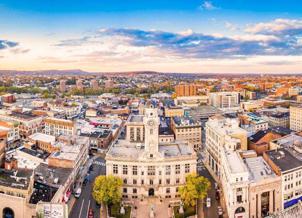 Aerial cityscape of Paterson, New Jersey and its City Hall. Paterson is the county seat of Passaic County and the 3rd most populous city of New Jersey, with the 2nd largest muslim population in US by percentage