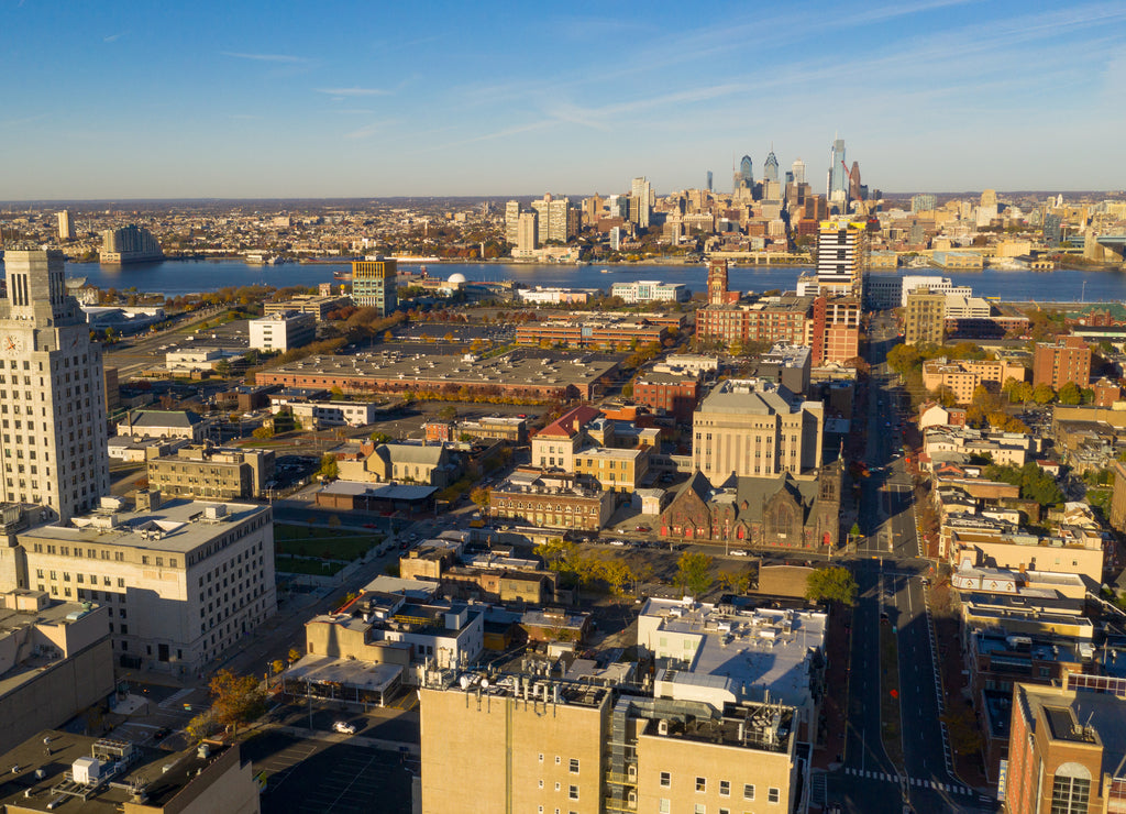 Aerial View Over Camden New Jersey Downtown Philadelphia Visable