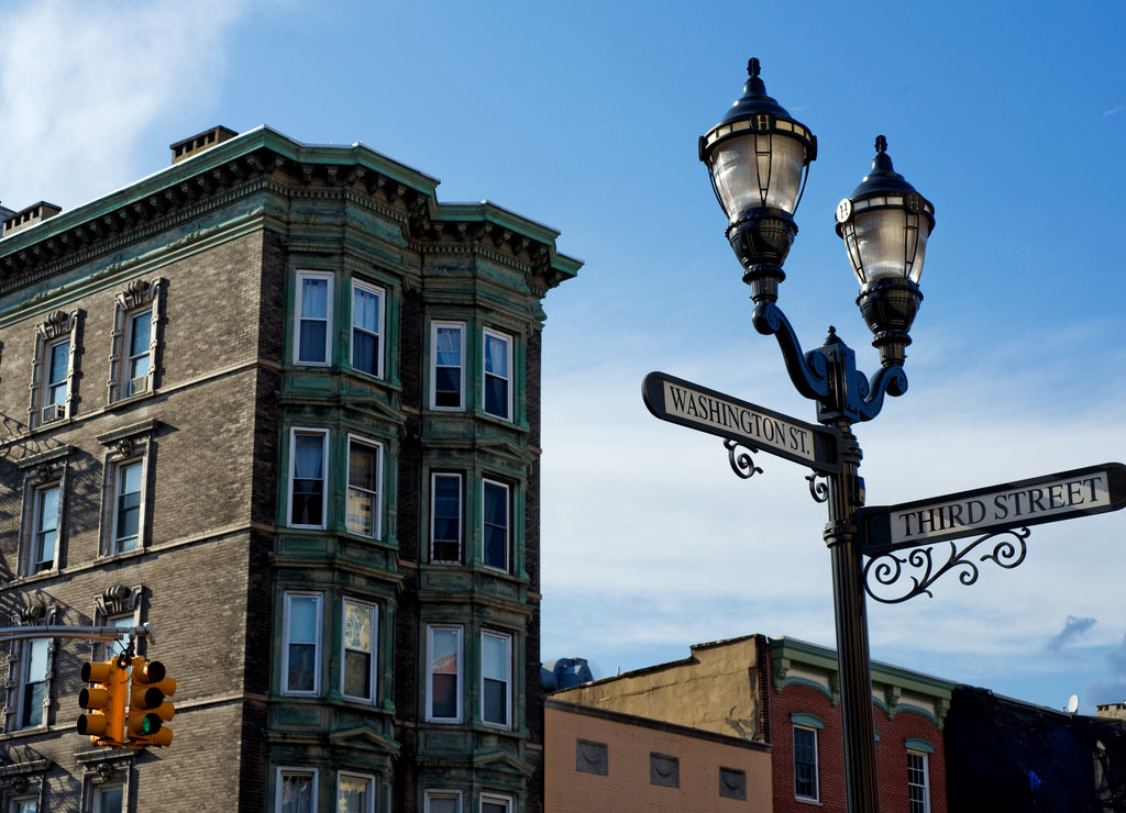 Corner of Washington and Third streets in downtown Hoboken, New Jersey