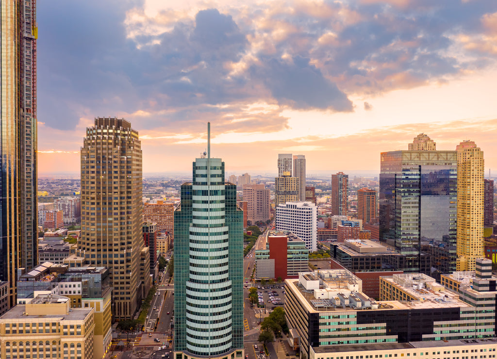 Aerial view of Jersey City skyline at sunset, New Jersey