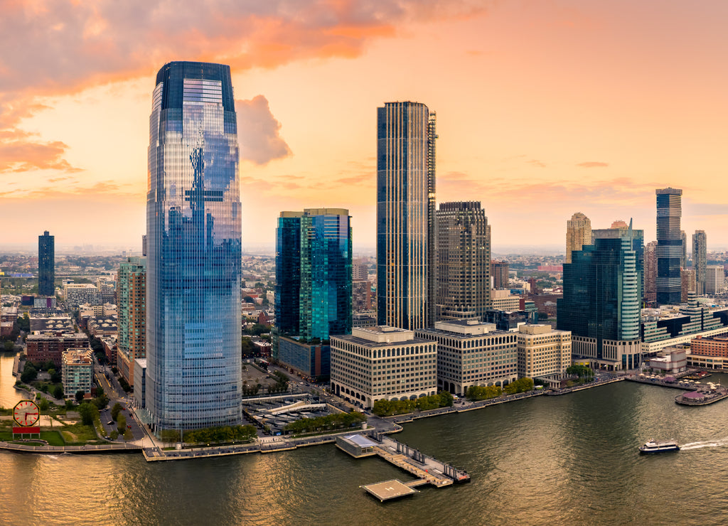 Aerial panorama of Jersey City skyline at sunset, New Jersey