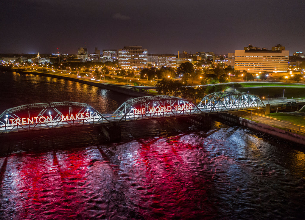 Trenton Makes The World Takes Trenton Bridge Aerial Night Photo, New Jersey