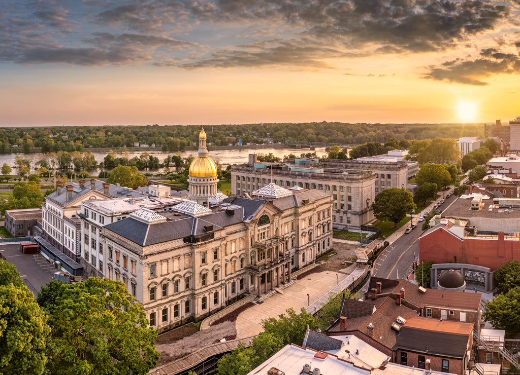 Aerial panorama of Trenton New Jersey skyline amd state capitol at sunset. Trenton is the capital city of the U.S. state of New Jersey and the county seat of Mercer County