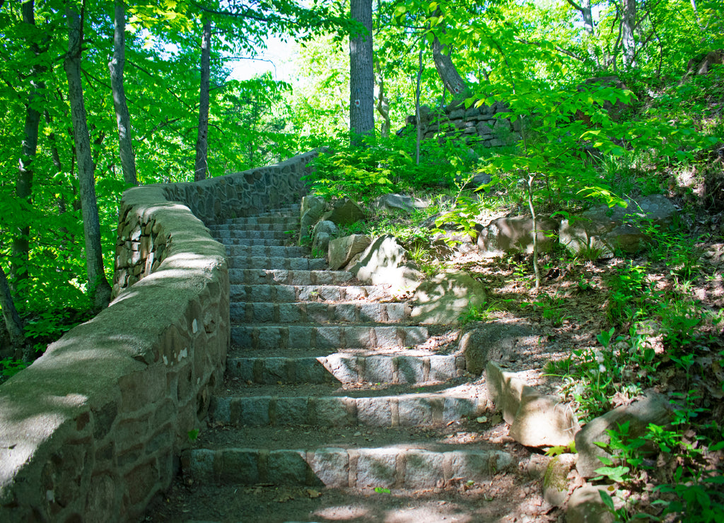 Stone steps at a nature trail along a hill by Hemlock Falls at South Mountain Reservation, Essex County, New Jersey