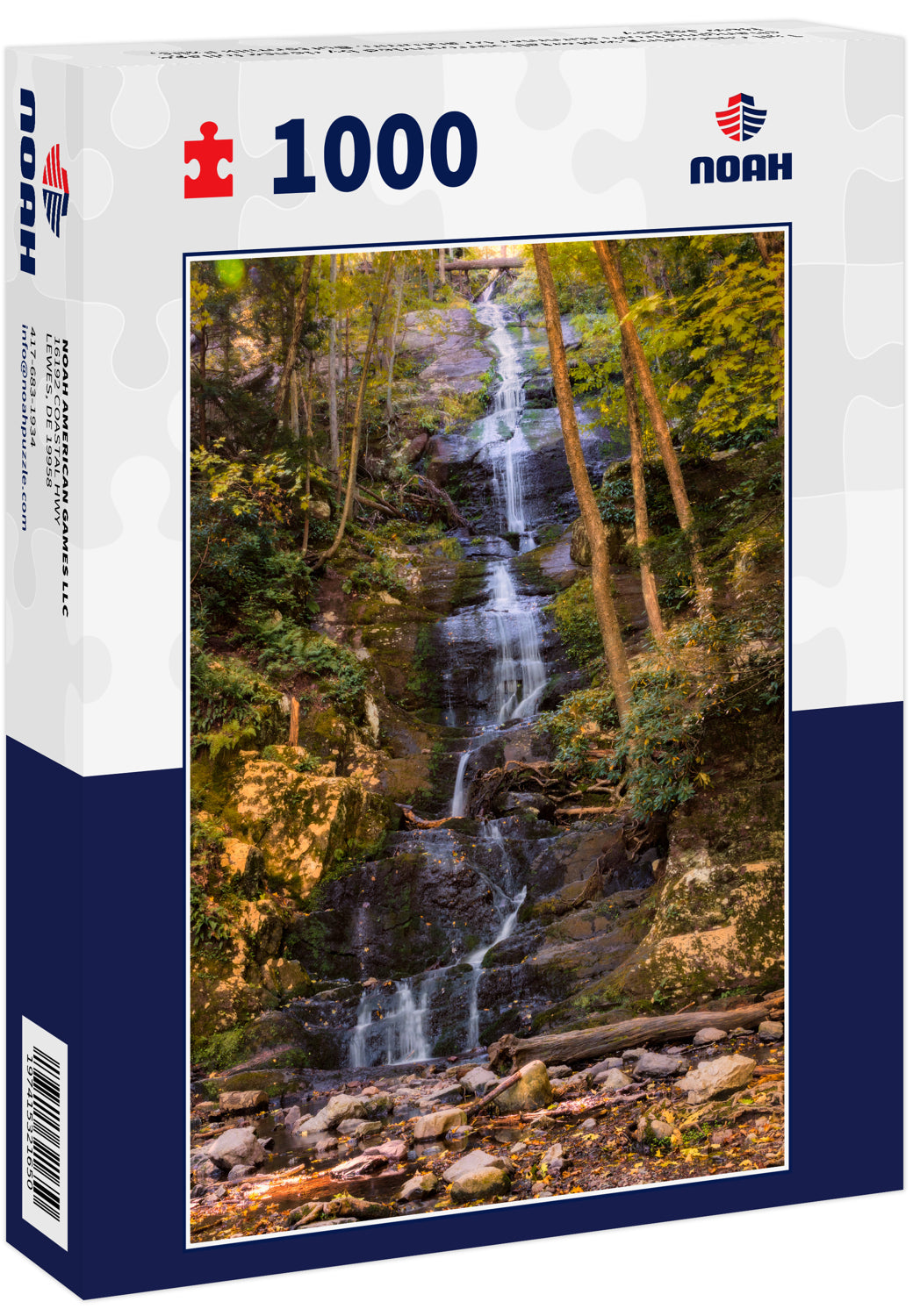 Tall cascading waterfall surrounded by dense foliage changing from summer to autumn. Buttermilk Falls, New Jersey