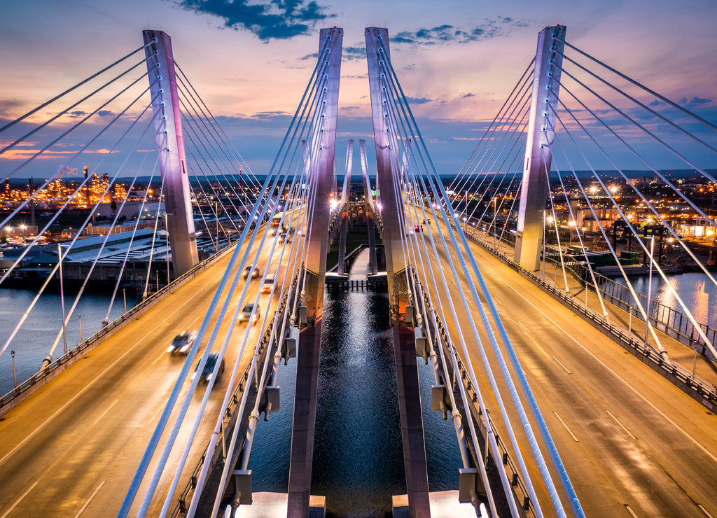 Aerial view of the New Goethals Bridge, spanning Arthur Kill strait between Elizabeth, New Jersey and Staten Island, New York. The New Goethals Bridge carries 6 lanes of I-278