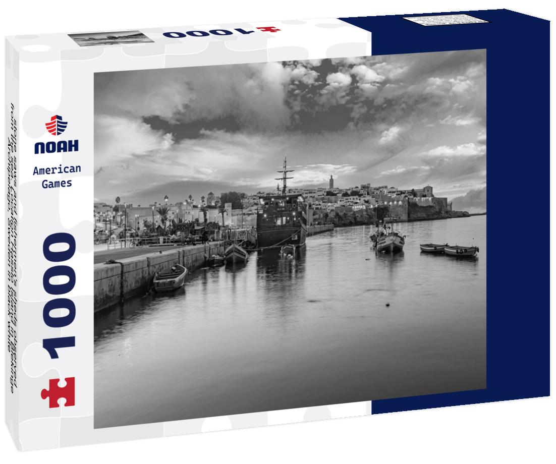 Noah Jigsaw Puzzle stone saws and fishermen's sheds observed from the sea. Location Hasslo Island in Blekinge Archipelago, Sweden in black white 1000 pieces