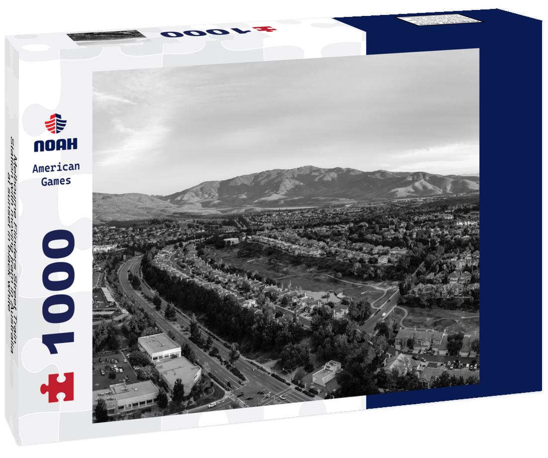 Noah Jigsaw Puzzle Melbourne Flinders Street Train Station with moving tram in Australia at sunset in black white 1000 pieces