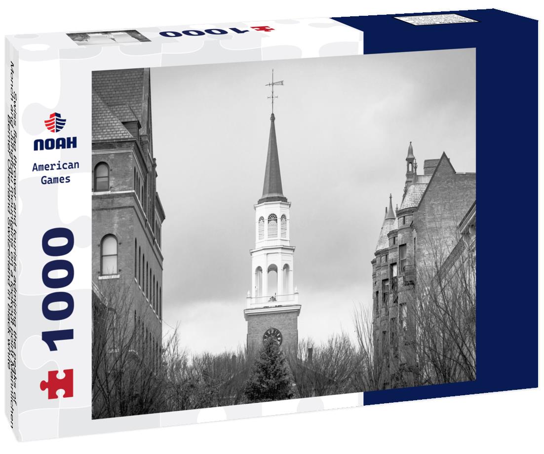 Noah Jigsaw Puzzle Swiss flag thrower and tourists admiring the peaks of Monch and Jungfrau mountains on a lookout point Mannlichen, Berner Oberland Switzerland in black white 1000 pieces