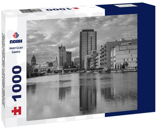 Noah Jigsaw Puzzle Old city of Ettlingen in Germany with a river and a church. View of a central district of Ettlingen, Germany, with a river and a bell tower of a church in black white 1000 pieces